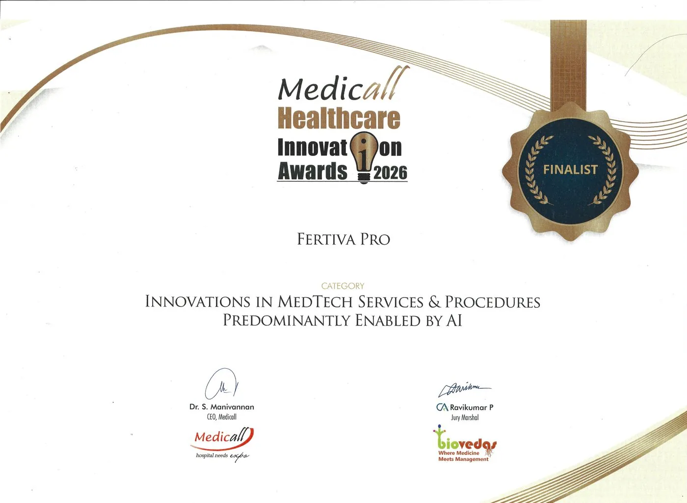 Medicall Healthcare Innovation Awards 2026 Finalist certificate for Fertiva Pro
